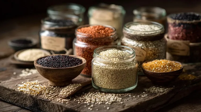 Premium Bio-Quinoa-Produkte in verschiedenen Varianten - weiße, rote und schwarze Quinoa in Glasbehältern und Holzschalen mit Bio-Zertifizierung