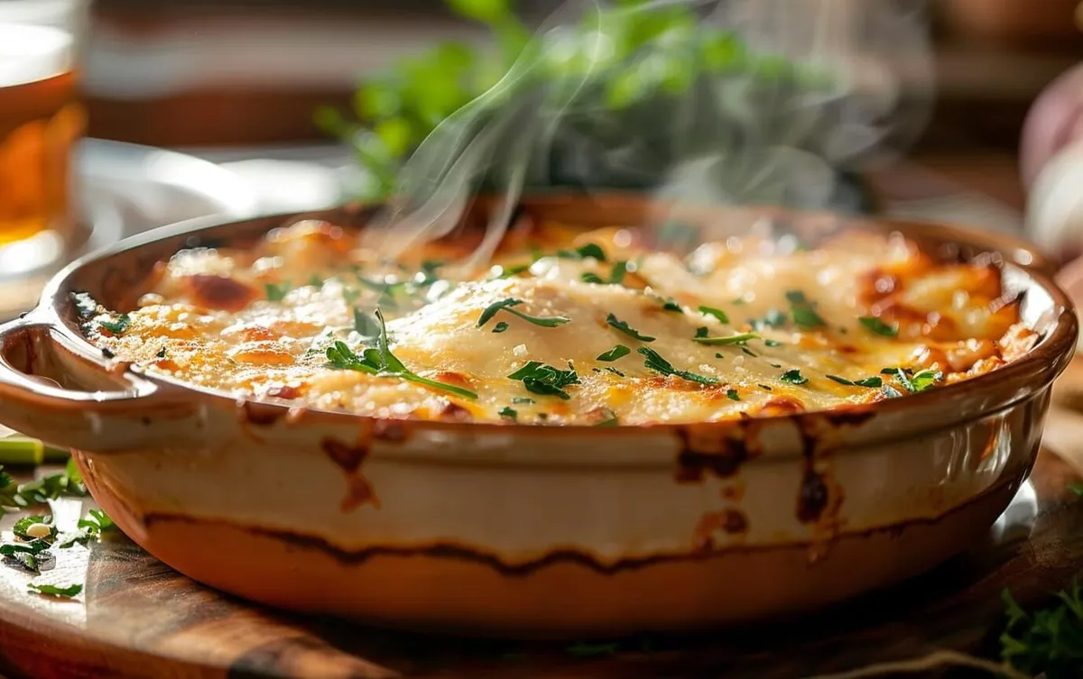 Goldbrauner Quinoa-Auflauf mit geschmolzenem Käse und frischen Kräutern in Keramikform