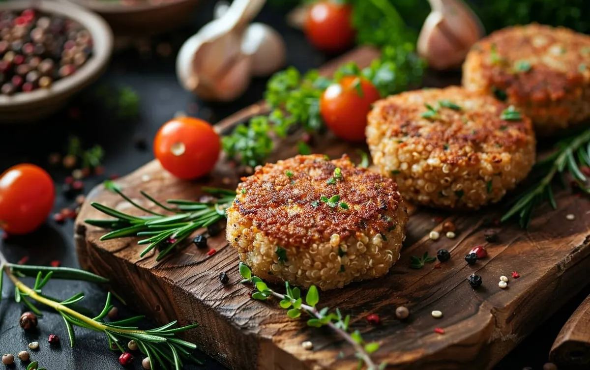 Goldbraune Quinoa-Bratlinge auf Holzbrett mit frischen Kräutern und Gemüse
