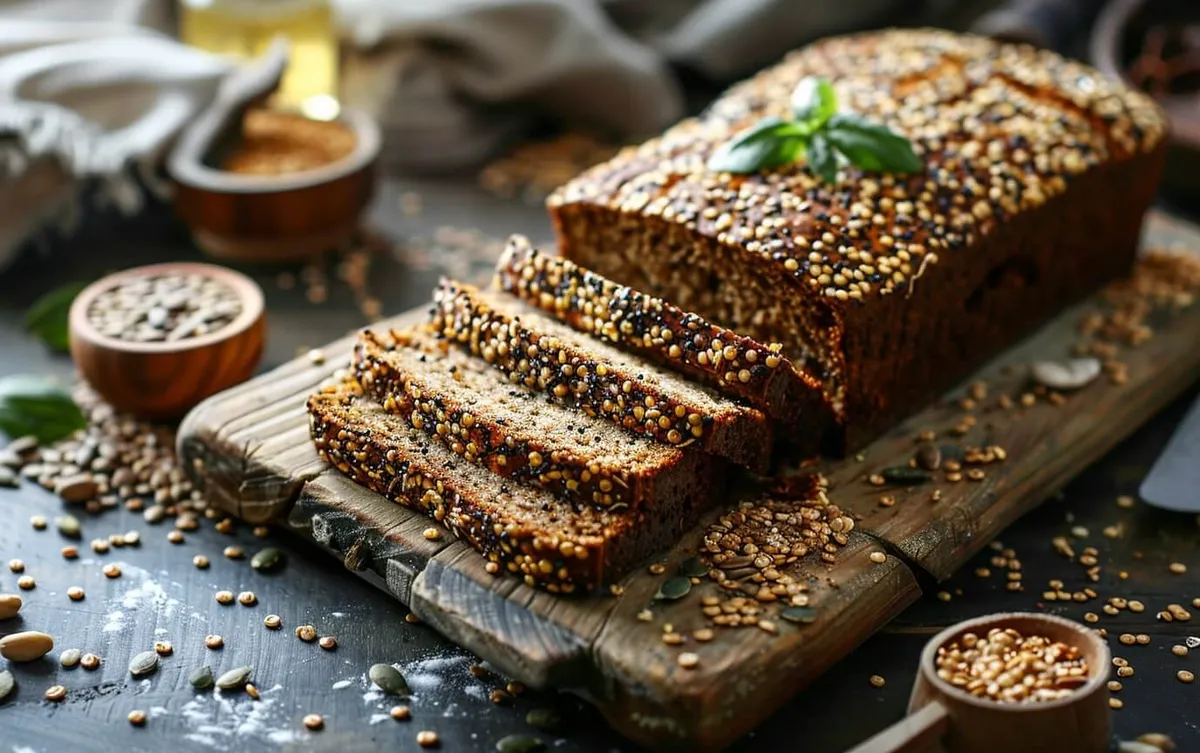 Geschnittenes Quinoa-Brot auf Holzbrett mit Körnern und Samen