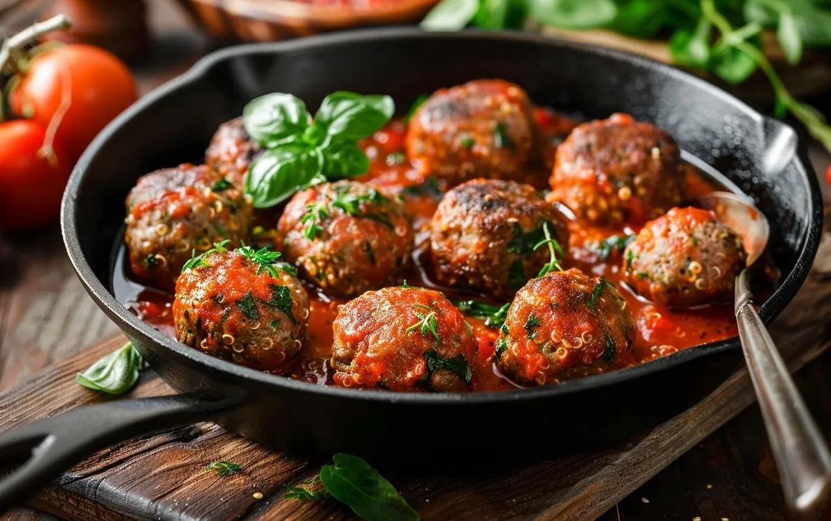 Quinoa-Buletten in gusseiserner Pfanne mit Kräutern und Tomatensauce