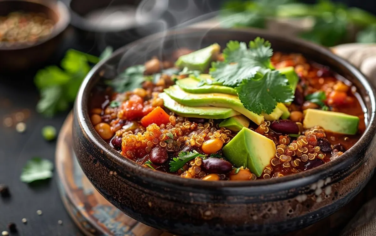 Dampfende Schale Quinoa-Chili mit Koriander und Avocado-Scheiben