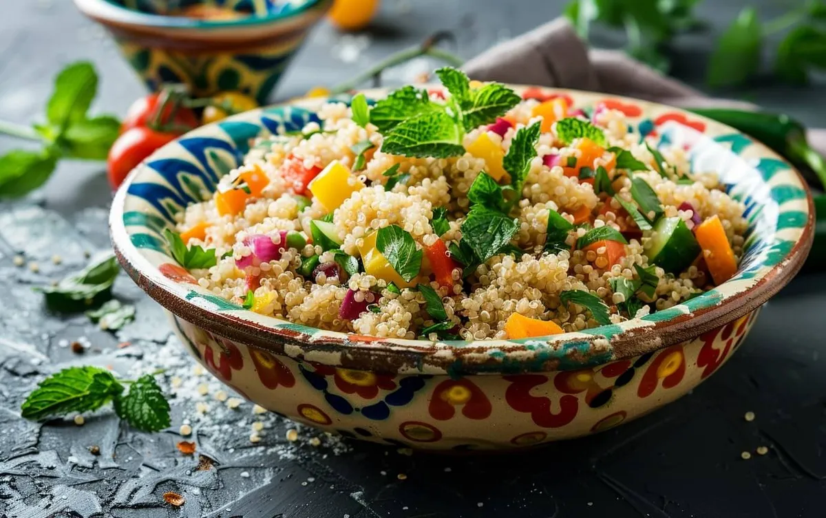 Fluffiger Quinoa-Couscous mit buntem Gemüse und Kräutern in dekorativer Schale