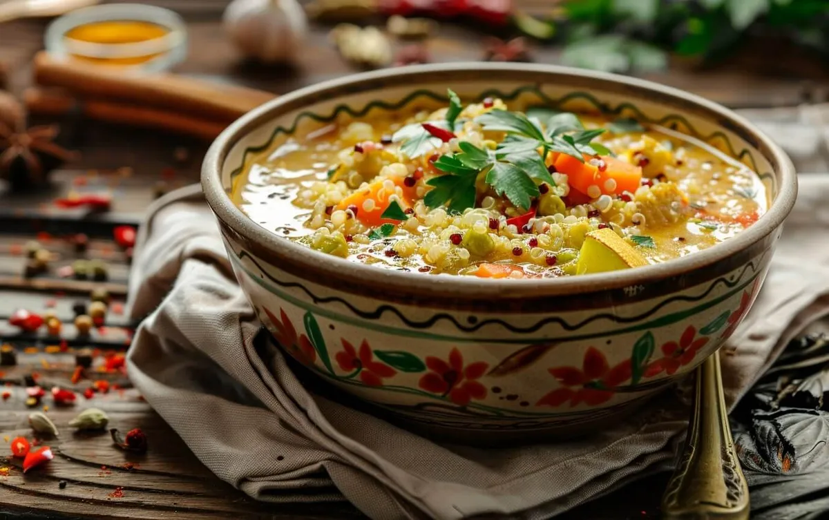 Aromatisches Quinoa-Curry mit Kokosmilch und Gemüse in traditioneller Schale