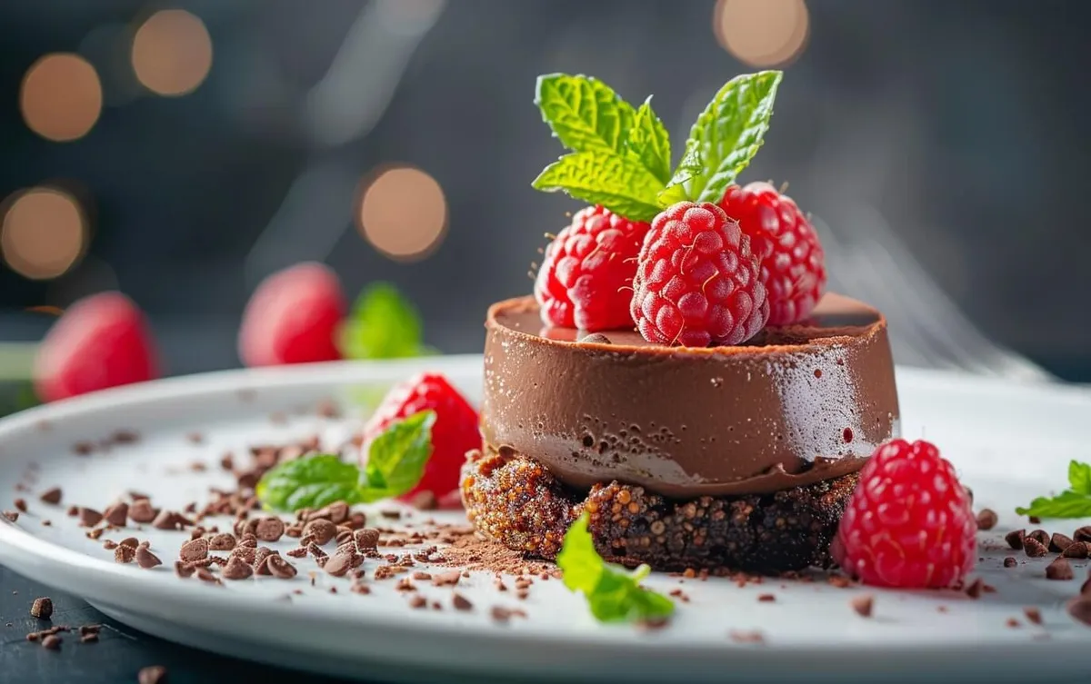 Schokoladen-Quinoa-Pudding mit Himbeeren und Minzblättern auf weißem Teller