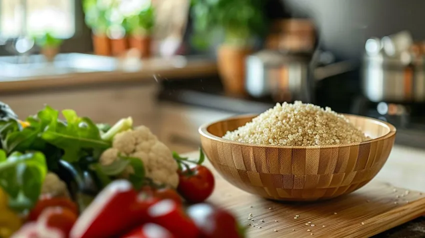 Quinoa in einer Schale mit frischem Gemüse - perfekt für eine gesunde Diät zum Abnehmen