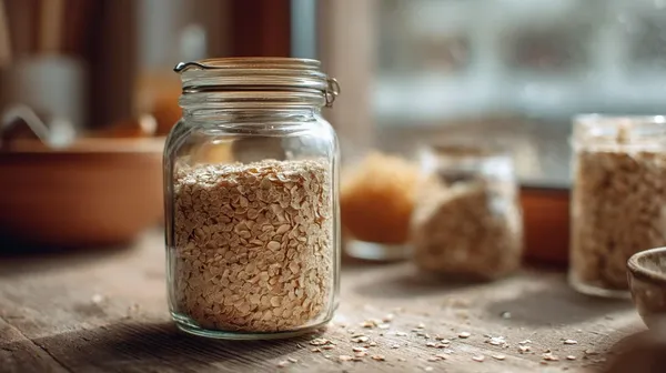 Quinoa-Flocken in Glasgefäß - gewalzte Quinoa-Körner wie Haferflocken für Porridge und Müsli