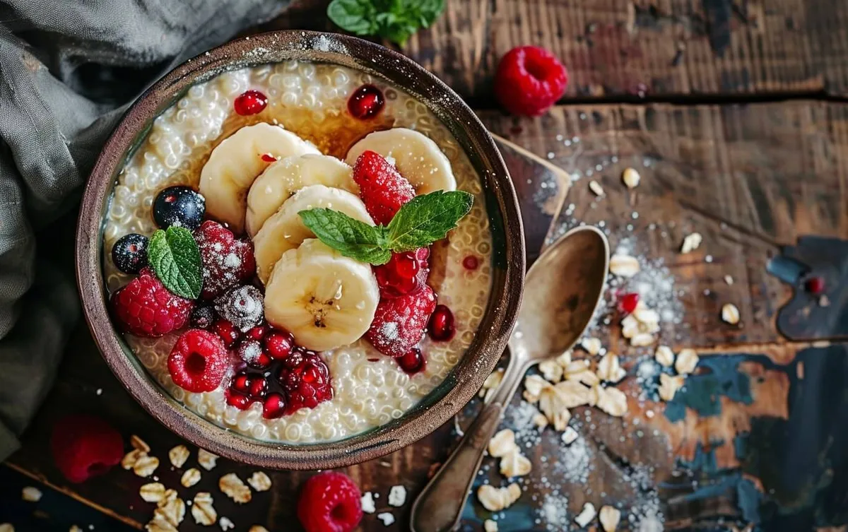Quinoa Frühstücksbowl mit frischen Beeren und Bananen auf rustikalem Holztisch