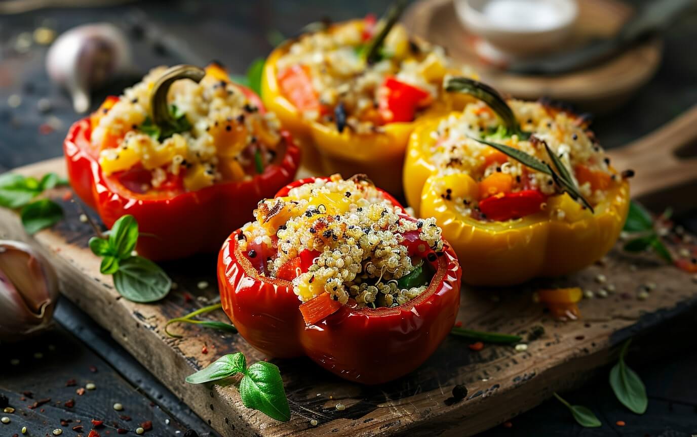 Gefüllte Paprika mit Quinoa-Mischung und buntem Gemüse, goldbraun gebacken