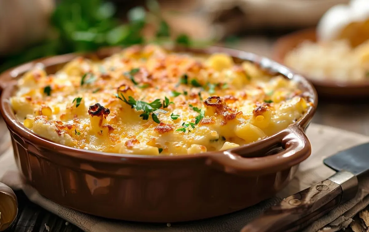 Cremiges Quinoa Mac & Cheese in Keramikschale mit goldener Käsekruste