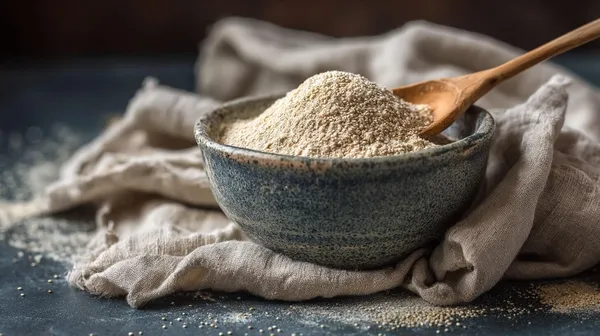 Quinoa-Mehl - Glutenfreie Mehl-Alternative für gesundes Backen Quinoa-Mehl in Schale mit Holzlöffel - glutenfreies Mehl zum Backen von Brot, Kuchen und Pfannkuchen