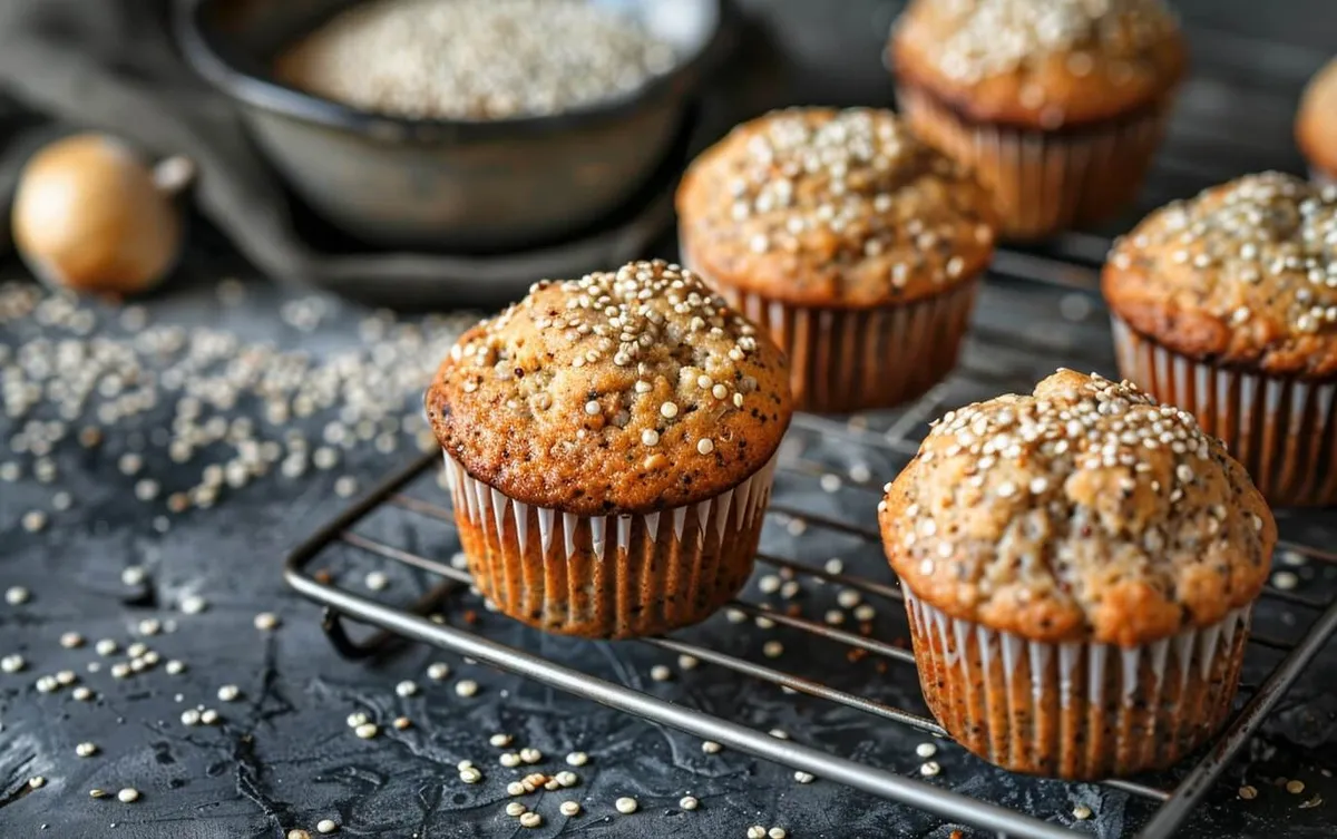 Frische Quinoa-Muffins auf Abkühlgitter mit verstreuten Quinoa-Körnern