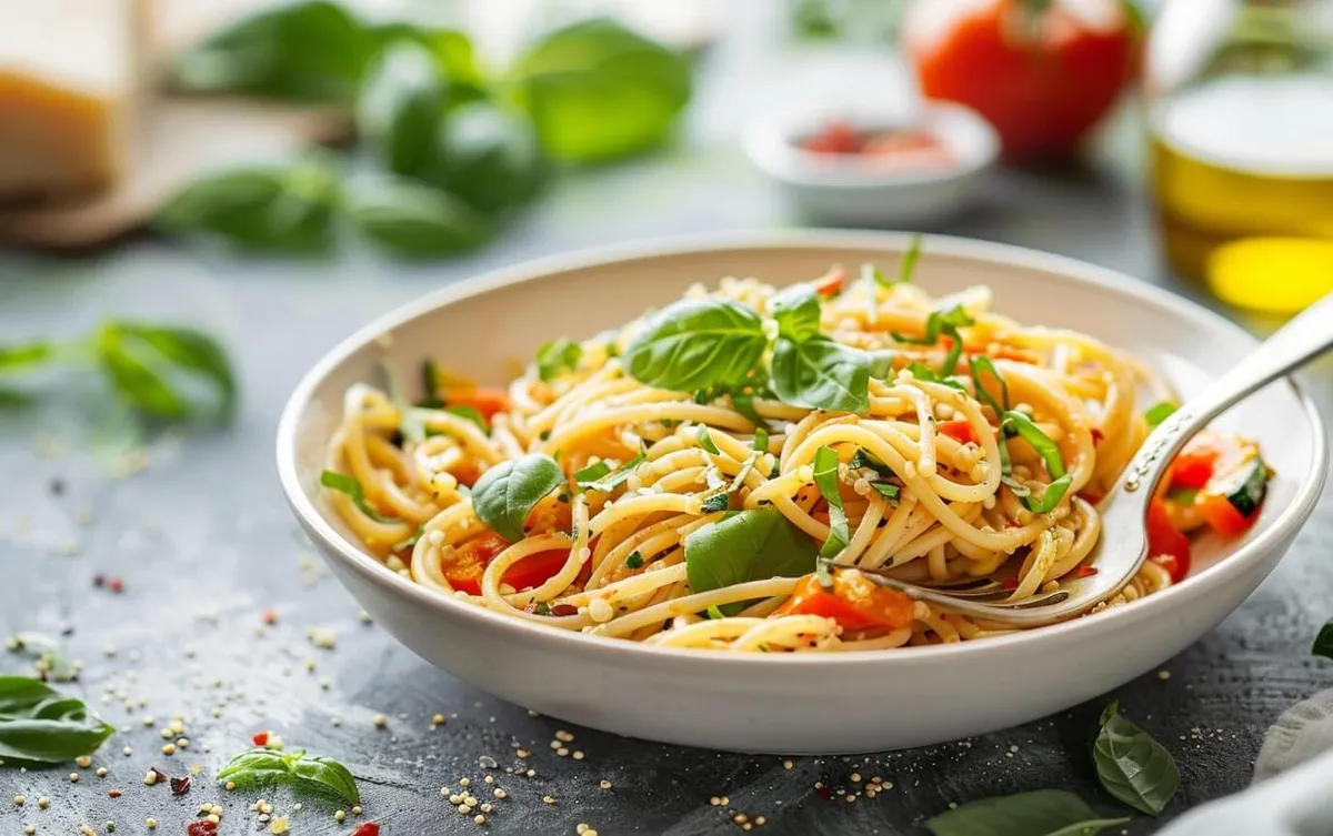Quinoa-Pasta mit Gemüse und frischem Basilikum in weißer Schale