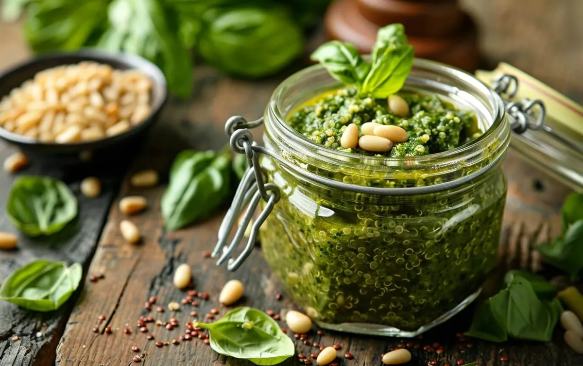 Glas mit grünem Quinoa-Pesto umgeben von frischen Basilikumblättern und Pinienkernen
