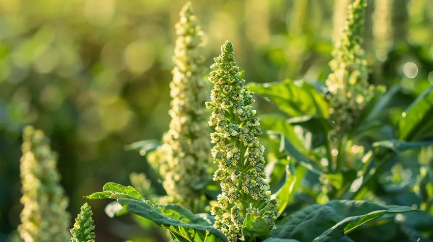 Reife Quinoa Pflanzen im Garten mit ausgebildeten Samenköpfen bereit zur Ernte