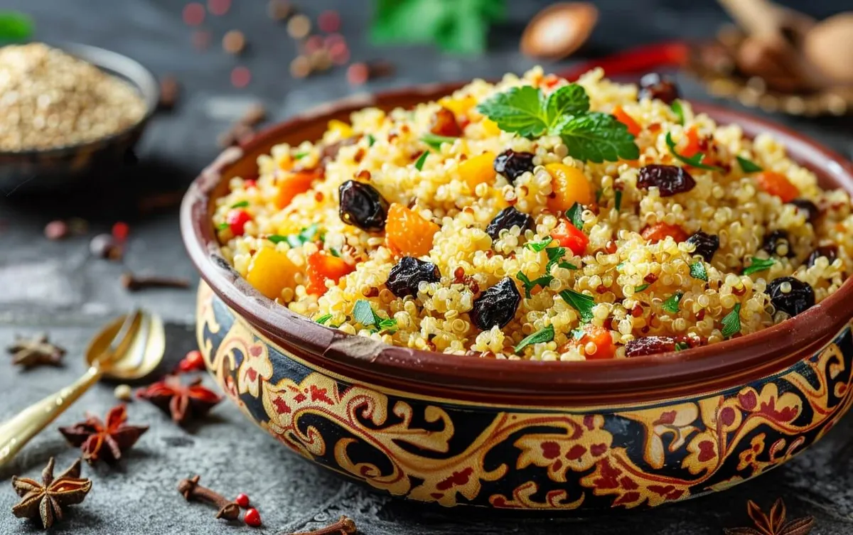 Aromatischer Quinoa-Pilau mit Safran und getrockneten Früchten in traditioneller Schale