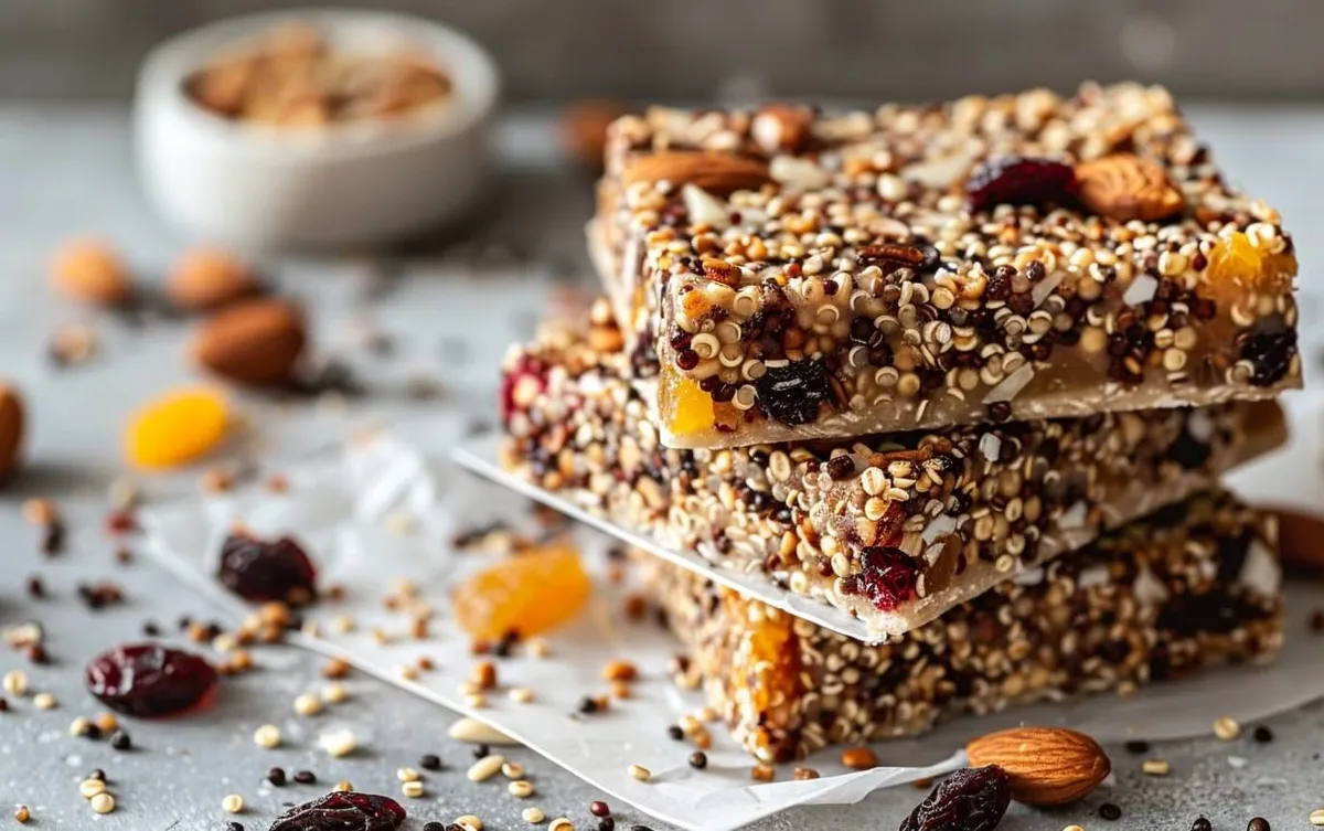 Hausgemachte Quinoa-Energieriegel gestapelt auf Pergamentpapier mit Nüssen und Trockenfrüchten