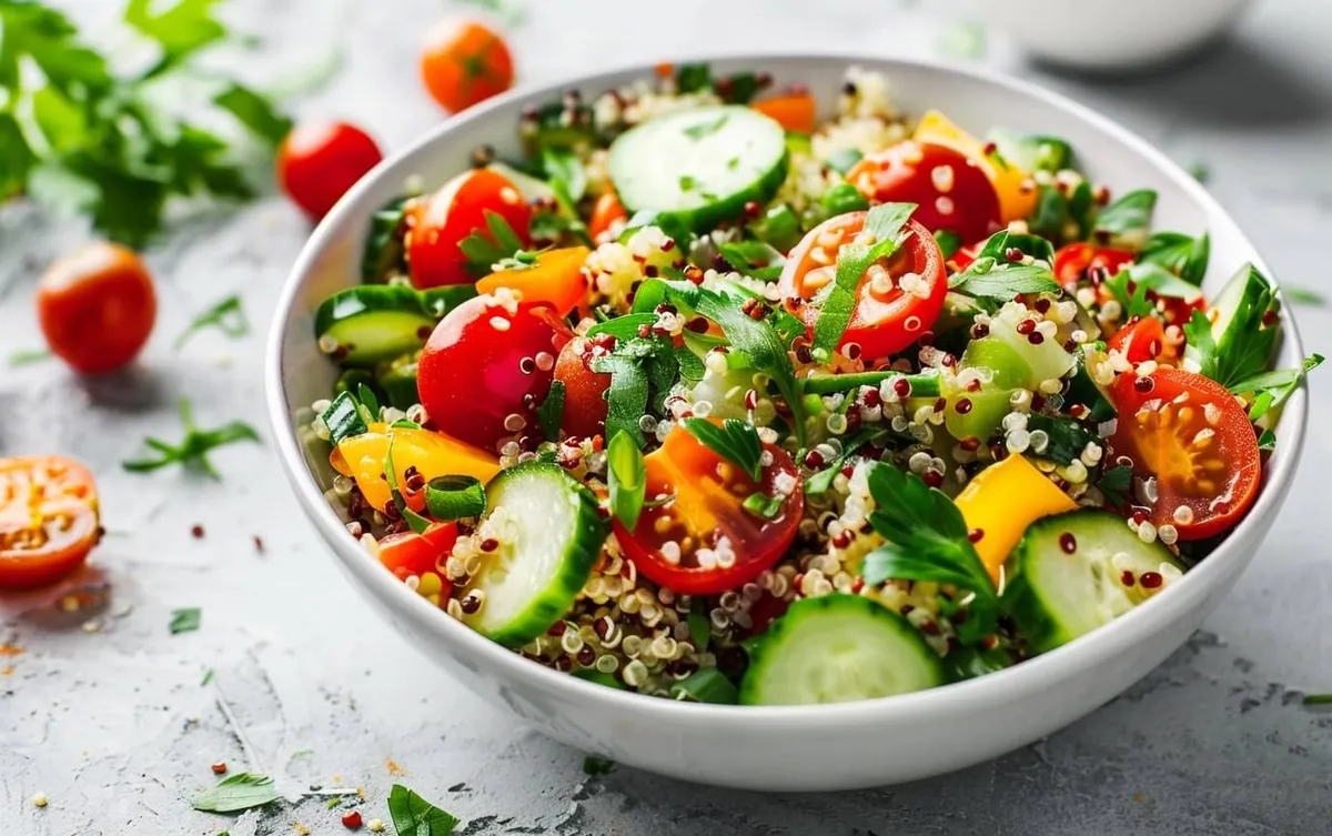 Bunter Quinoa-Salat mit Tomaten, Gurken und frischen Kräutern in weißer Schale