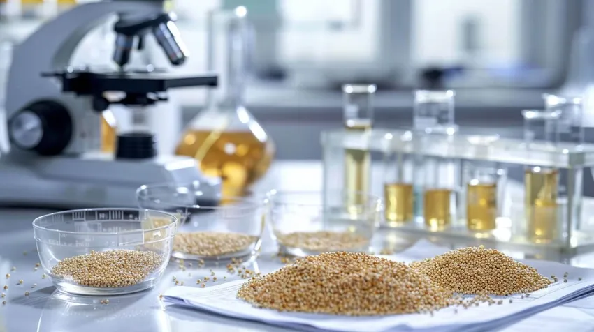 Quinoa-Körner mit wissenschaftlichen Forschungsunterlagen und Laborausstattung