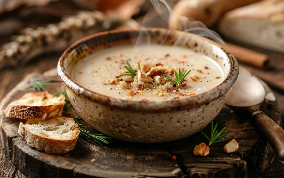 Dampfende cremige Quinoa-Suppe in rustikaler Keramikschale mit Brot